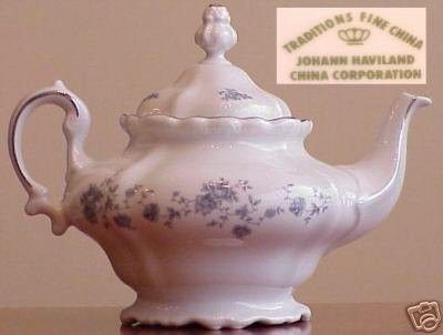 This auction is for a tea pot, but could be used as a coffeepot. Made by Johann Haviland China Corporation in the ~BLUE GARLAND~ pattern. Backstamp also says Traditions Fine China. See backstamp in t Vintage China Patterns, Fine China Set, Haviland China, Blue Garland, Fine China Dinnerware, Pottery Dinnerware, Painted Teapot, Beautiful Teapots, China Teapot