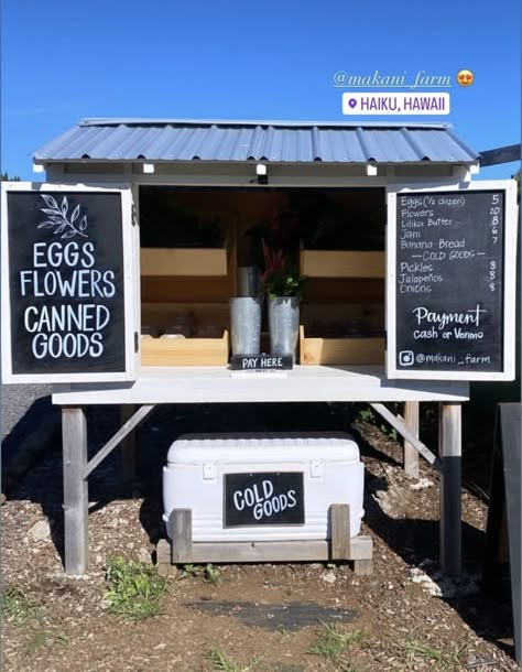 Egg And Flower Stand, Small Homestead Layout Ideas, Farm Stand With Cooler, Roadside Farm Stand Plans, Easy Diy Farm Stand, Farmstand Building Plans, Farm Stand Items To Sell, Diy Farm Stand How To Build, What To Sell At Farmers Market