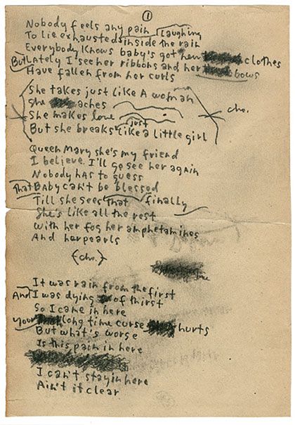 Bob Dylan's handwritten lyrics to Just Like a Woman...one of my favorite songs ever!! Bob Dylan Quotes, Bob Dylan Lyrics, Handwritten Lyrics, Desolation Row, Edie Sedgwick, Joan Baez, Jeff Buckley, Alternative Rock, Bob Dylan