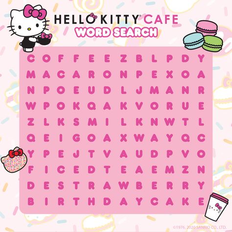 Sweeten up your day 🎀 How many sweet treats can you find? 🔎🍰 Hello Kitty Activity Sheets, Hello Kitty Word Search, Cute Word, Hello Kitty Games, Bored Jar, Spiderman Gifts, Kitty Pictures, Word Search Printables, Kitty Cafe