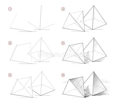 Drawing From Shapes, 3d Shapes For Drawing Practice, Pyramid Sketch, How To Draw Pyramids, Pyramid Drawing, How To Draw A 3d Triangle, Pyramid Perspective Drawing, Basic Shapes In Perspective, Pyramid Drawing Geometric Shapes