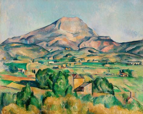 Mont Sainte-Victoire (La Montagne Sainte-Victoire) by Paul Cezanne, circa 1892–1895, Barnes Foundation. Paul Cezanne was throughout his lifetime in awe at the Mont Sainte-Victoire, which overlooked and commanded the scenery in Cezanne's hometown, Aix-en-Provence. Such was Cezanne's love and reverence for the mountain, he would in 1901 buy a plot of land overlooking the Mont Saint Victoire, on which he built a studio. The mountain, furthermore, frequently appears as a motif in Cezanne's pain... Cezanne Paintings, Cezanne Paintings Landscapes, Paul Cezanne Paintings Still Life, Paul Cezanne Self Portrait, Cezanne Portraits, Paul Cezanne Mont Sainte Victoire, Cezanne Art, Paul Cezanne Paintings, Barnes Foundation