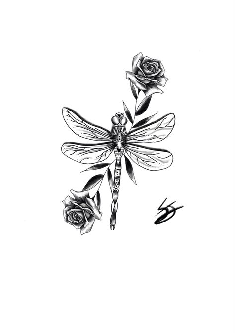 Dragonfly With Rose Tattoo, Dragonfly Rose Tattoo, Rose And Dragonfly Tattoo, Flowers And Dragonfly Tattoo, Dragonfly With Flowers Tattoo, Dragonfly And Flower Tattoo, Dragonfly Tattoo Design With Flowers, Cherry Blossom Tattoo Shoulder, Rose Stem Tattoo