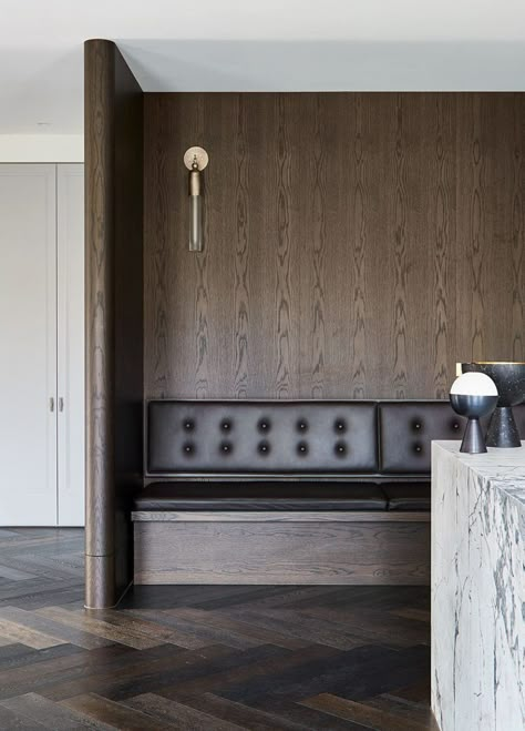 Toorak Residence by Hecker Guthrie | Australian Interiors | est living Hecker Guthrie, Banquette Design, Steel Frame Doors, Marble Tub, French Oak Flooring, Polished Plaster, Modernist Architects, Booth Seating, Herringbone Floor