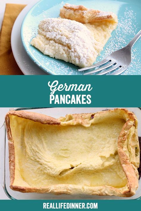 German Pancakes, Dutch Babies, Puff Pancakes....whatever you call them they are one of the fastest easiest pancakes out there. Five ingredients and 20 minutes later, Breakfast or dinner is served! ~ https://reallifedinner.com Puff Pancakes, German Pancake Recipe, German Oven Pancake, German Pancakes Recipe, Dutch Babies, Oven Pancakes, Puff Pancake, Vegetarian Ideas, German Pancakes