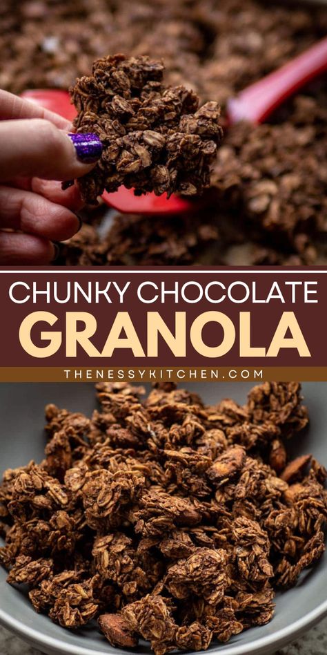 A delicious snack recipe featuring chunky granola! Not only is this homemade chocolate granola tasty and fun to eat, but they are also healthy. You can even enjoy it as a simple breakfast idea! Check out some variations you can try! Homemade Granola Clusters, Healthy Chocolate Granola, Homemade Chocolate Granola, Gluten Free Finger Foods, Chunky Granola, Chocolate Granola Recipe, Granola Snacks, Granola Recipe Healthy, Granola Clusters