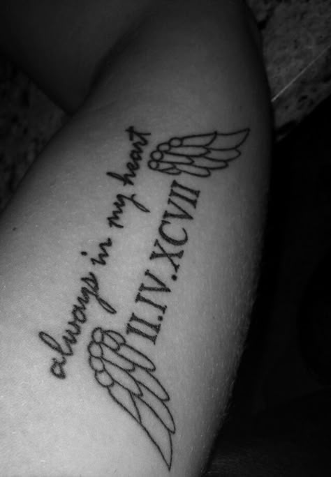 Tattoo Ideas Female Meaningful For Grandma, Angel Wings Roman Numeral Tattoo, Roman Numeral Tattoo With Angel Wings, Tattoo Of Loved One Who Have Passed, First Arm Tattoo Ideas, Small Tattoos For Passed Loved Ones, Meaningful Tattoos For Loved Ones Who Passed, Tattoo For Loved One Who Passed, Grandmother Tattoos