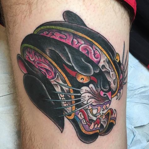 Panther Head by @benthomasltd at Liberty Tattoo in Atlanta Georgia. #panther #splithead #brains #benthomasltd #libertytattoo #atlanta #georgia #tattoo #tattoos #tattoosnob Traditional Panther Tattoo, Liberty Tattoo, Black Panther Tattoo, Patchwork Tattoo Ideas, Panther Head, Club Tattoo, Patchwork Tattoo, Panther Tattoo, Creepy Tattoos