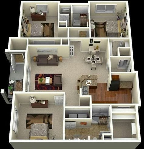 Flat Floor Plan, Unique Small House Plans, 3d House Plans, House Plans 3 Bedroom, Apartment Floor Plans, Sims House Plans, House Construction Plan, House Layout Plans, Model House Plan