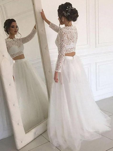 Two Pieces Lace Long Sleeve Wedding Dress - Tbdress.com Wedding Dresses With Tulle, Dresses With Tulle, Burgundy Homecoming Dress, Beach Bridal Dresses, Boho Wedding Dresses, Two Piece Wedding Dress, Boho Beach Wedding, Beach Wedding Dress Boho, Beach Bridal