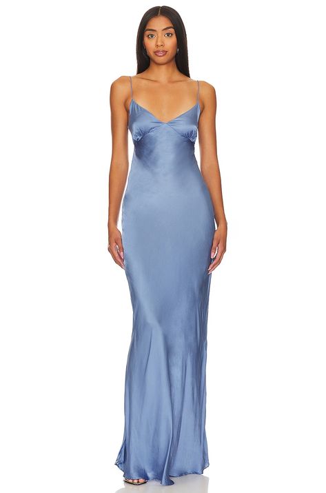 FAITHFULL THE BRAND Santiana Dress in Steel | REVOLVE Revolve Formal Dress, Dusty Blue Dress Formal, Light Blue Dress Aesthetic, Blue Long Dress Formal, V Neck Satin Dress, Prom Dress Unique, Steel Blue Bridesmaid Dresses, Fall Formal Dresses, Formal Dresses Australia