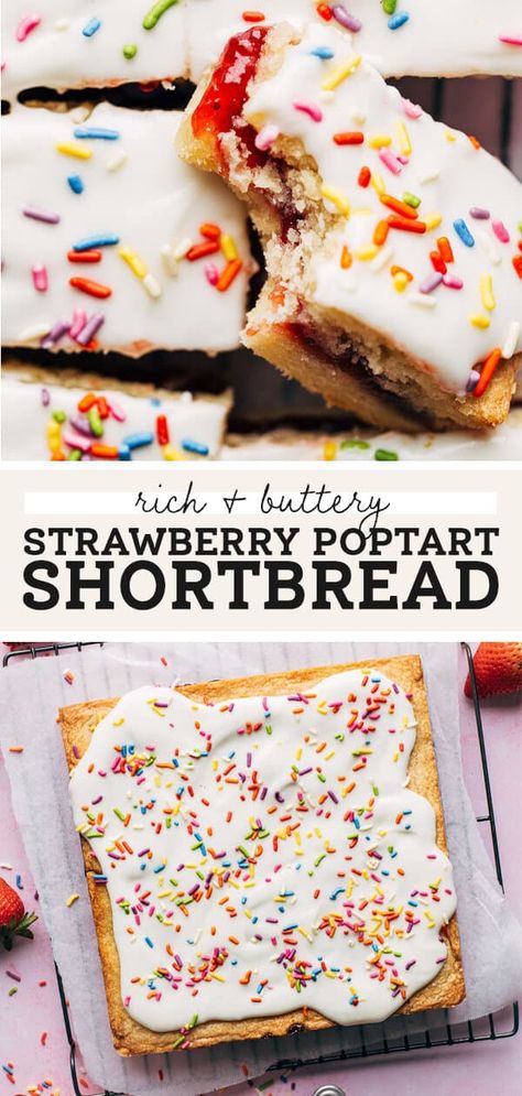 Delicious buttery shortbread is baked with a layer of strawberry preserves right in the middle. They're tender, sweet, tart, and have all the nostalgia of a strawberry pop tart. #poptart #shortbread #strawberry #butternutbakery | butternutbakeryblog.com Strawberry Shortbread Recipe, Strawberry Poptart, Strawberry Pop, Strawberry Pop Tart, Buttery Shortbread, Strawberry Dessert Recipes, Shortbread Bars, Strawberry Preserves, Pop Tart