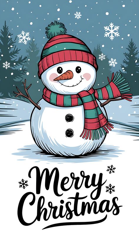 Free Cute Snowman with a Scarf and Hat in The Snow Snowman Illustration, Snowman Wallpaper, Free Christmas Backgrounds, Wearing A Scarf, Handwritten Text, Valentine Background, Scarf And Hat, Snowy Landscape, Snowman Faces