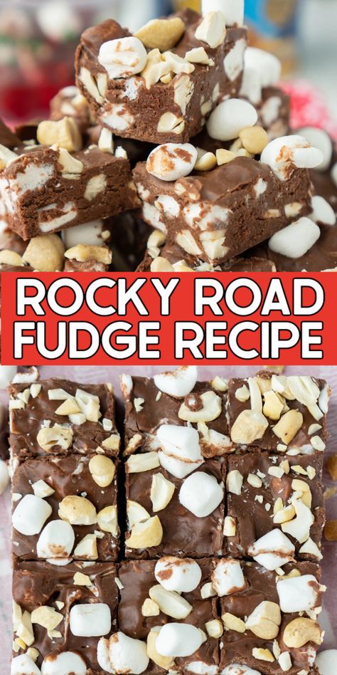 An easy rocky road recipe with chocolate, sweetened condensed milk, marshmallows, and cashews! Chocolate Sweetened Condensed Milk, Easy Rocky Road Recipe, Easy Rocky Road, Creamy Chocolate Fudge, Rocky Road Fudge, Rocky Road Recipe, Easy Chocolate Fudge, Fudge Recipes Chocolate, Fudge Recipe