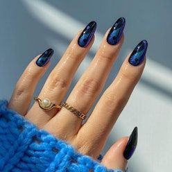 Black And Blue Nails, Party Manicure, Yin Yang Nails, Short Almond Shaped Nails, Grow Long Nails, Blue Nail Art Designs, Dark Blue Nails, Velvet Nails, Blue Nail Art