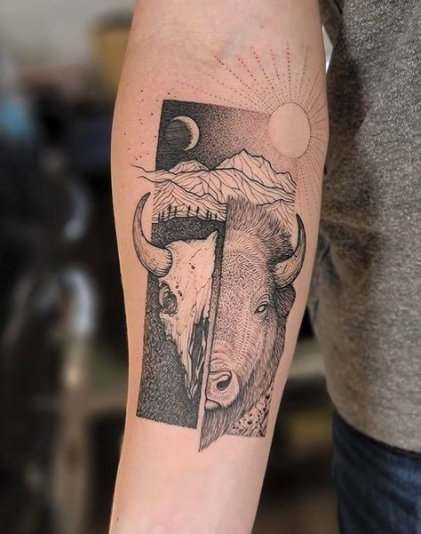 Bison Tattoo, Buffalo Tattoo, Headdress Tattoo, Dm Tattoo, Cowboy Tattoos, Bison Art, Bison Skull, Powerful Symbols, Back Of Neck Tattoo