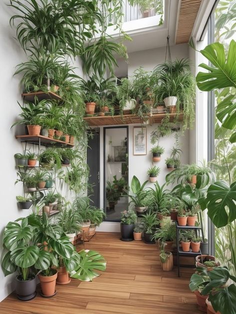 A beautifully designed home balcony with a variety of indoor plants in hanging pots and shelves, creating a lush green space. House Decorated With Plants, Indoor Plant Decor Ideas, Beautiful Indoor Plants, Indoor Garden Apartment, Plant Decor Ideas, Indoor Garden Rooms, Cafe Theme, Vertical Garden Plants, Mason Jar Herb Garden