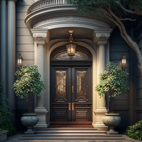 Classic Doors Entrance, Neo Classic Entrance, Double Doors Exterior Entrance, Mansion Entryway, Front Entrance Design, Front Entrance Ideas, Entrance Design Ideas, Flowers Front Door, Classic Entrance