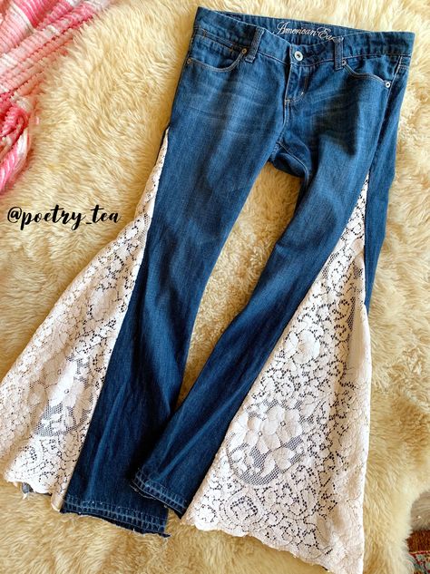 Vintage lace and crochet get added to thrift store jeans. DIY sewing poetry tea. Bell bottom flare leg jeans. Festival clothing. Boho fashion. Hippy style. Upcycle Clothes Thrift Store, Diy Bell Bottom Jeans, Jean Diy, Poetry Tea, Thrift Store Upcycle, Hippie Jeans, Store Jeans, Thrift Store Diy, Lace Jeans