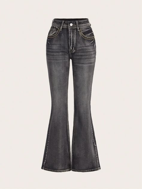 Women's Vintage Washed Slim Fit Flared Jeans With Distressed Details, School Dark Grey    Denim Plain Flare Leg Slight Stretch  Women Clothing, size features are:Bust: ,Length: ,Sleeve Length: Long Flare Jeans, Dark Flared Jeans, 2000s Flare Jeans, Fitted High Rise Grunge Flare Jeans, Clothes Pants, Grey Flared Jeans, Grunge High Waist Fitted Flare Jeans, Women Pants, Flared Pants