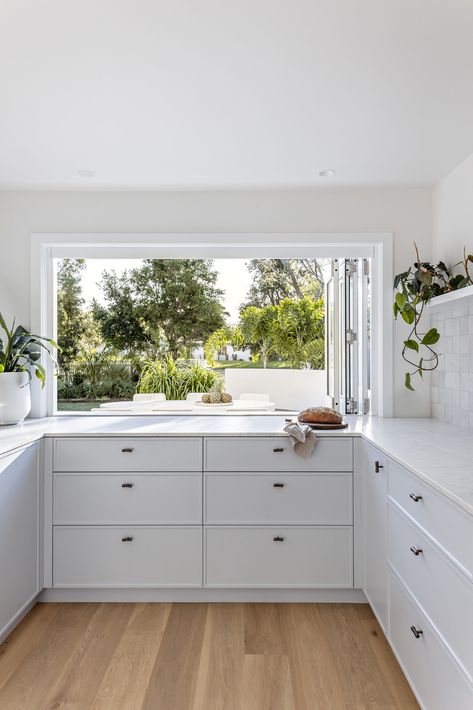 Soul Home's The Bach: A Family's Coastal Holiday Home Alfresco Dining Area, Coastal Holiday, Property Design, Beach House Design, Coastal Home, Australian Homes, Lush Greenery, Kitchen Window, Open Plan Kitchen