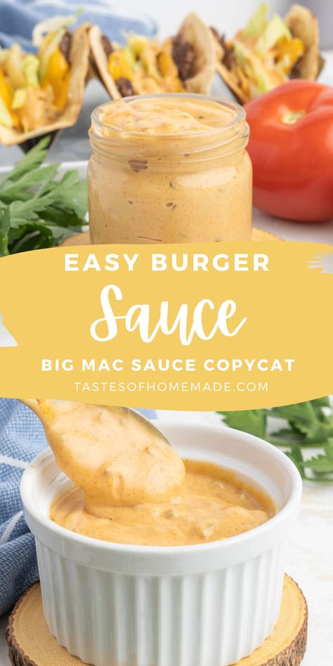 This easy burger sauce is a delicious burger spread that is a bit tangy, slightly sweet and full of flavour. It combines the most common burger condiments into one tasty sauce. Mayonnaise forms the base, which is blended with relish, ketchup, mustard and seasonings. It is perfect for dressing a grilled hamburger but works as a sandwich spread, or you can use it as a dip for your french fries or favourite appetizer. Preparing takes minutes, and a jar will keep for two weeks. Big Mac Sauce With Ketchup, Condiments For Burgers, Burgerville Spread Recipe, Easy Burger Sauce, Favourite Appetizer, Burger Condiments, Big Mac Sauce Recipe Copycat, Burger Sauces, Veggie Dips