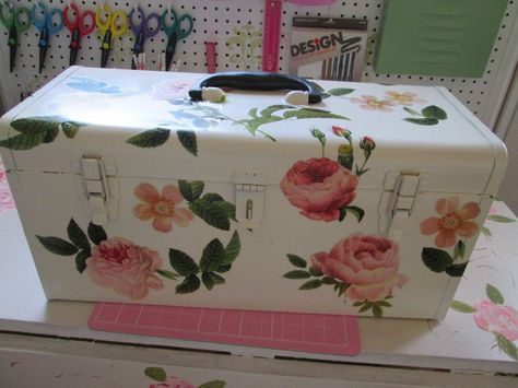 Old Tool Box Turned Crafting /Wrapping Station  Storage! Painted Tool Boxes, Crafting Storage, Old Tool Boxes, Tool Box Diy, Wrapping Station, Mother Daughter Projects, Modern Plant Stand, Recycled Book, Tool Boxes