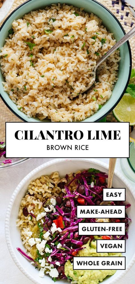 This cilantro-lime brown rice will become a staple recipe in your kitchen! It tastes just like Chipotle's, and it's the perfect easy side dish to serve with your Mexican meals. #brownrice #cilantrolimerice #wholegrains #mexicanrecipe #cookieandkate Cilantro Brown Rice, Lime Brown Rice, Cilantro Lime Brown Rice, Healthy Brown Rice, Brown Rice Recipe, Cookie And Kate, Whole Grain Rice, Cilantro Rice, Mexican Meals