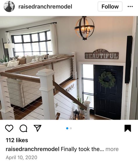 Farmhouse Raised Ranch, Raised Ranch Railing Ideas, Entryway Ideas Split Level Front Entry, Living Room Designs Split Level, Raised Ranch Interior Ideas Living Room, Split Foyer Entry Decor, Bilevel House Exterior Remodel, Living Room Raised Ranch, High Ranch Remodel