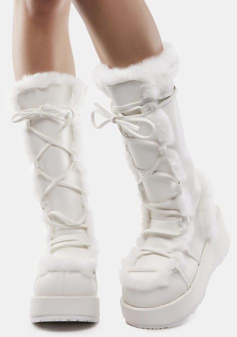 Shoes Platform Boots, White Platform Boots, Demonia Boots, Fluffy Boots, Demonia Shoes, Aesthetic Shoes, Swag Shoes, White Boots, Fur Boots