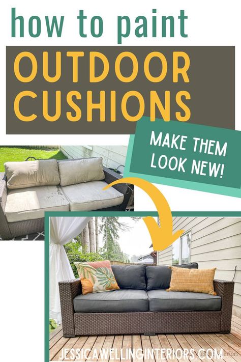 Give your patio furniture cushions a refresh with outdoor fabric paint! It's an easy and inexpensive DIY. Painting Outdoor Cushions, Outdoor Fabric Paint, Diy Patio Furniture Cushions, Wicker Furniture Cushions, Patio Art, Painted Patio, Outdoor Living Rooms, Outdoor Wicker Furniture, Couch Fabric