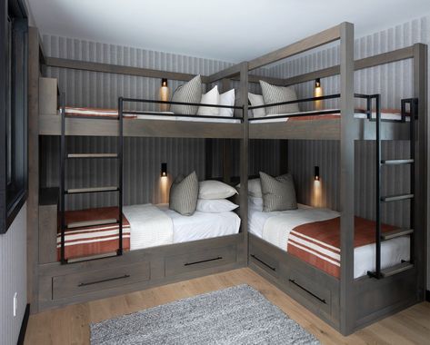 Interior Design in Bozeman, MT | Gallatin Valley Design Group Bedroom Design For 3 People, Double Deck Bed Ideas For Small Room, Modern Bunk Room, Bunk Bed Designs Small Bedrooms, Adult Bunk Beds For Small Room, Double Deck Bed Ideas, Double Deck Bed Design, Double Deck Bed, Corner Bunk Beds