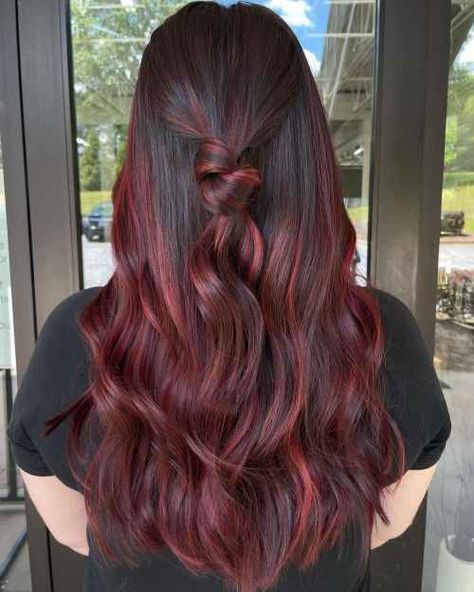 Highlight Red Hair Color, Cherry Coke Red Hair Color Balayage, Coke Red Hair Color, Red Hair Color Burgundy, Cherry Ombre Hair, Ruby Wine Hair Color, Ruby Hair Color, Dark Red Hair Color Burgundy, Coke Red Hair