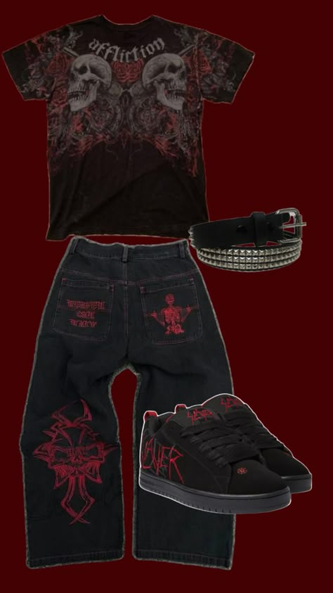 baggy outfit, jnco, affliction, y2k, emo boy grunde skater Y2k Punk Outfits, Grunge Streetwear Outfits, Emo Skater Boys, Alt Y2k Outfits, Jnco Jeans Outfit, Y2k Boy Outfits, Affliction Outfits, Edgar Outfits, 2000s Boys Fashion