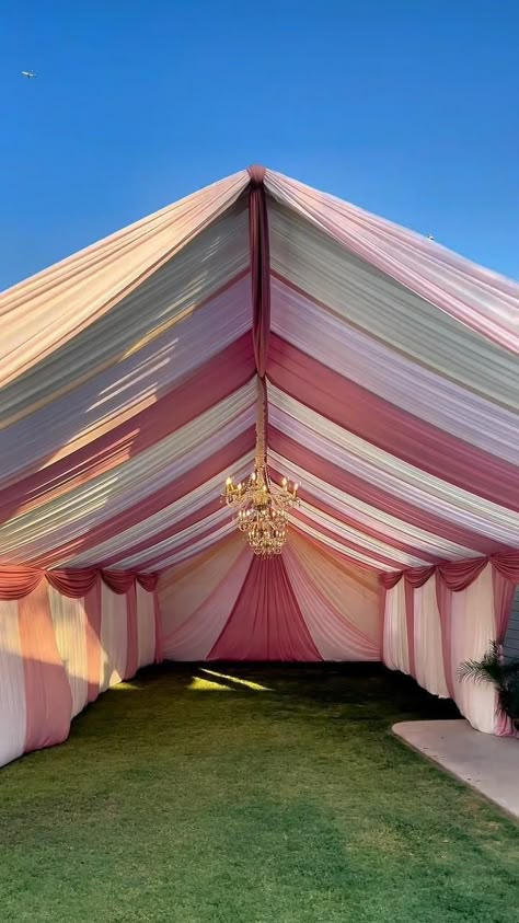 What party theme would you use this tent for? 🤔 . 20x50 Tent and Drapes . #party #decor #event #rentals #lightpink #1155 #Ivory #1113 #dustypink #1161 Boho Party Tent, Open Tent Decoration, Party Tent Decorations Diy, Party Tent With Drapes, Tent Birthday Decoration At Home, Decorated Tents For Party, Outdoor Dance Party Ideas, Party Canopy Decorations, Graduation Event Decor