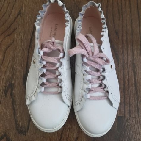 Kate Spade White Leather Sneaker For Sale. Worn 2 Times. Excellent Condition. Size 5 Or 35. Looks High End And Has Gold Kate Spade Pedant. Please Check Out My Other Items As I Update High End Designer Items Weekly. White Leather Sneakers, Lace Sneakers, Kate Spade Shoes, Designer Items, Pink Lace, Sneakers For Sale, Leather Sneakers, White Leather, Pink White