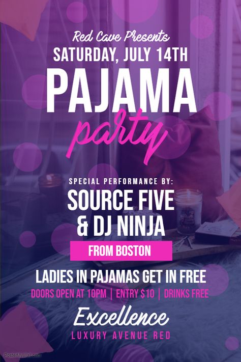 Ladies Pajama party night flyer/poster template Ladies Pajama Party, Pajama Party Flyer, Holiday Party Flyer, Pool Parties Flyer, Make A Flyer, Mary Kay Party, Design Resume, Flyer Free, Party Flyer Template