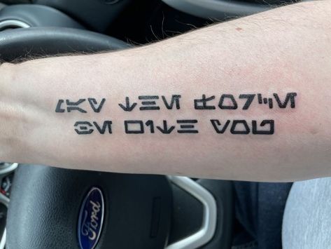 My new tattoo which says May The Force Be With You in Aurebesh which is a language in Star Wars. Aurebesh Tattoo, Wörter Tattoos, Star Wars Tattoo, Piercing Tattoo, Tattoo Styles, Tattoos And Piercings, I Tattoo, Jesus Fish Tattoo, Tattoo Quotes