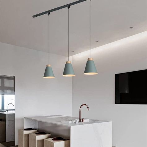 Track Pendant Lighting, Kitchen Track Lighting, Lighting Fixtures Modern, Track Lighting Kitchen, Pendant Track Lighting, Type Of Lighting, Pendant Lighting Fixtures, Sloping Roof, Kitchen Lighting Design