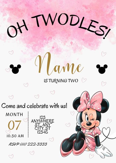 Create a truly unique and memorable event invitation with our personalized digital invitation template on Canva! Edit our Watercolour Minnie Mouse invitation and be ready to celebrate! Minnie Mouse Invitation Card, Minnie Mouse Invitations 2nd Birthday, Minnie Mouse Invitations 1st Birthday, Minnie First Birthday Party, Minnie 2nd Birthday Party, Oh Twodles Invitations, Minnie Mouse Birthday Party Ideas 2nd, Minnie Mouse Invitation Template, Minnie Mouse 2nd Birthday Party