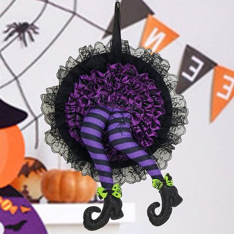 PRICES MAY VARY. Add some magic and fun to your Halloween decor with this Halloween wreath, featuring a black lace witch skirt and legs in vibrant colors. This wreath is made of high-quality materials, such as fabric, plastic, and metal, that are durable and easy to shape. The witch legs are bendable and can be adjusted to create different poses. This wreath is suitable for indoor and outdoor use, and can be hung on your door, wall, window, fireplace, or any other place you want to decorate. It Porta Halloween, Halloween Witch Legs, Fall Party Favors, Halloween Decorations Wreaths, Halloween Front Door Decorations, Spider Wreath, Fall Floral Decor, Door Hanging Decorations, Halloween Front Doors