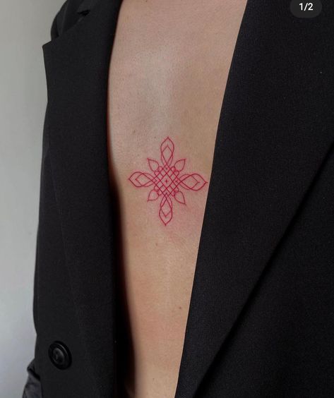 Red Ornamental Tattoo, Red Sternum Tattoo, Buddhist Tattoo, Pink Tattoo, Handpoke Tattoo, 4 Tattoo, Ornamental Tattoo, Red Tattoos, Sternum Tattoo