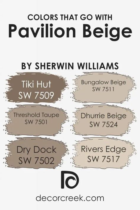 Colors that Go With Pavilion Beige SW 7512 by Sherwin Williams Dhurrie Beige, Bungalow Beige, Beige Paint Colors, Grey Wall Color, Stained Trim, Taupe Paint, Beige Paint, Tiki Hut, Neutral Paint Colors