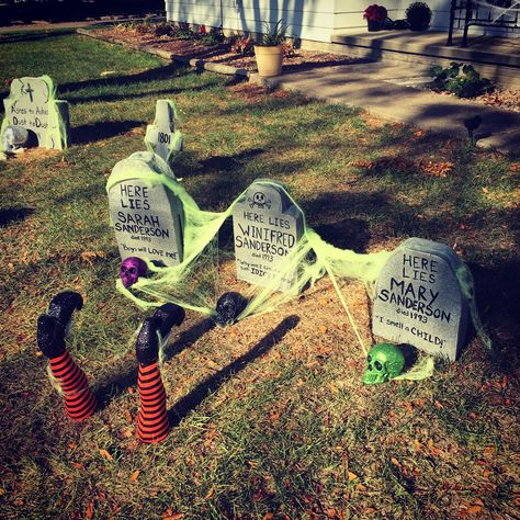 Hocus Pocus Sanderson Sisters DIY gravestones Hocus Pocus Brooms Diy, Hocus Pocus Halloween Yard Decorations, Sanderson Sisters Tombstone, Hocus Pocus Graveyard, Hocus Pocus Campsite, Hocus Pocus House Decorations, Hocus Pocus Halloween Decorations Diy, Hocus Pocus Cemetery, Hocus Pocus Halloween Decor Outdoor