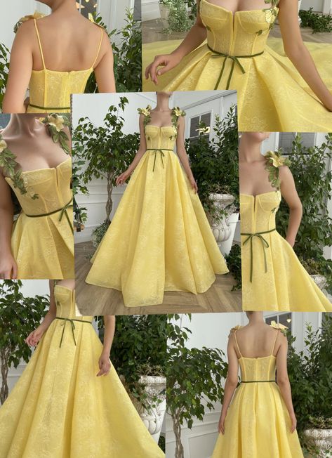 Yellow Wedding Dress The Bride Gowns, Yellow Debut Theme, Yellow Dress Aesthetic Vintage, Yellow Dress Aesthetic, Dress Aesthetic Vintage, Yellow Ballgown, Light Yellow Dresses, Yellow Flower Dress, Yellow Wedding Dress