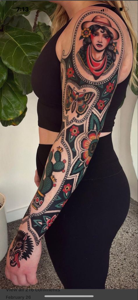 Traditional Tattoo Woman, American Traditional Sleeve, Traditional Tattoo Inspiration, Traditional Style Tattoo, Traditional Sleeve, Sleeve Tattoo Ideas, Female Sleeve, Western Tattoos, Traditional Tattoo Sleeve