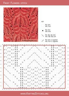 Frost Flowers knitting chart. Lace stitch pattern worked over a multiple of 34 stitches plus 2/ Frost Flowers Knitting Pattern, Lace Crafts Diy, Flowers Knitting, Frost Flowers, Crochet Lace Scarf, Flower Stitch, Diy Crafts Knitting, Lace Knitting Stitches, Knitting Lace