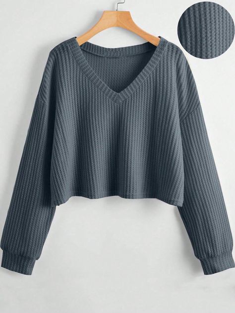 Fall Winter Essentials, Crop Top Casual, Knit Tees, Waffle Knit, Cropped Sweater, Long Sleeve Crop Top, Vneck Sweater, Long Sleeve Tshirt, Cute Outfits