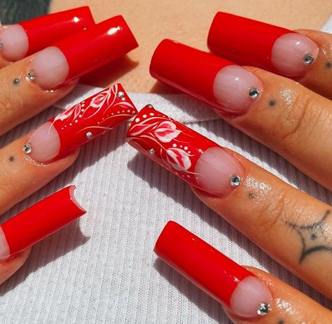 Red 2000s Nails, 2000s Nails Acrylic Y2k, Red 90s Nails, 2000s Nails, 90s Nails, Y2k Nails, Long Acrylic Nails Coffin, Pearl Nails, Nail Idea