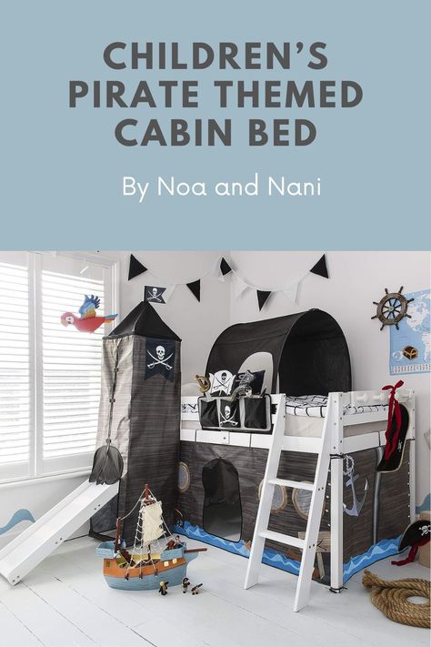 Children's Pirate Themed Cabin Bed Boys Pirate Bedroom, Pirate Themed Bedroom, Cabin Bed With Slide, Pirate Ship Bed, Pirate Bedding, Boy Fort, Pirate Bedroom, Pirate Room, Ocean Room